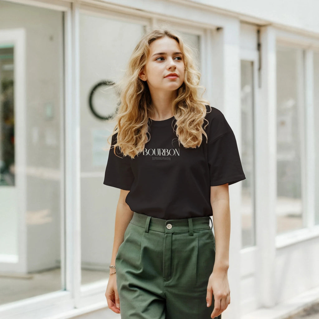 Blonde woman using Bourbon T-shirt Brown
